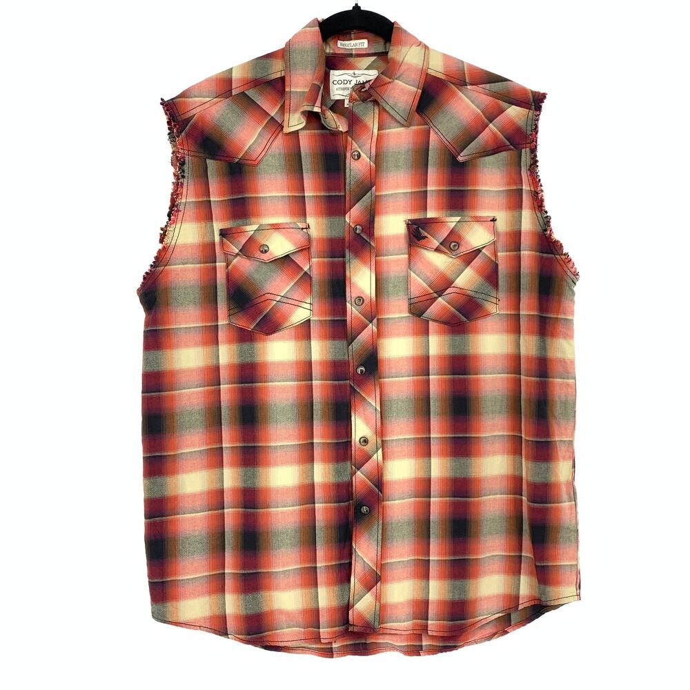 Cody James Men's Sz Medium Regular Fit Plaid Snap Front Sleeveless Shirt Red Tan